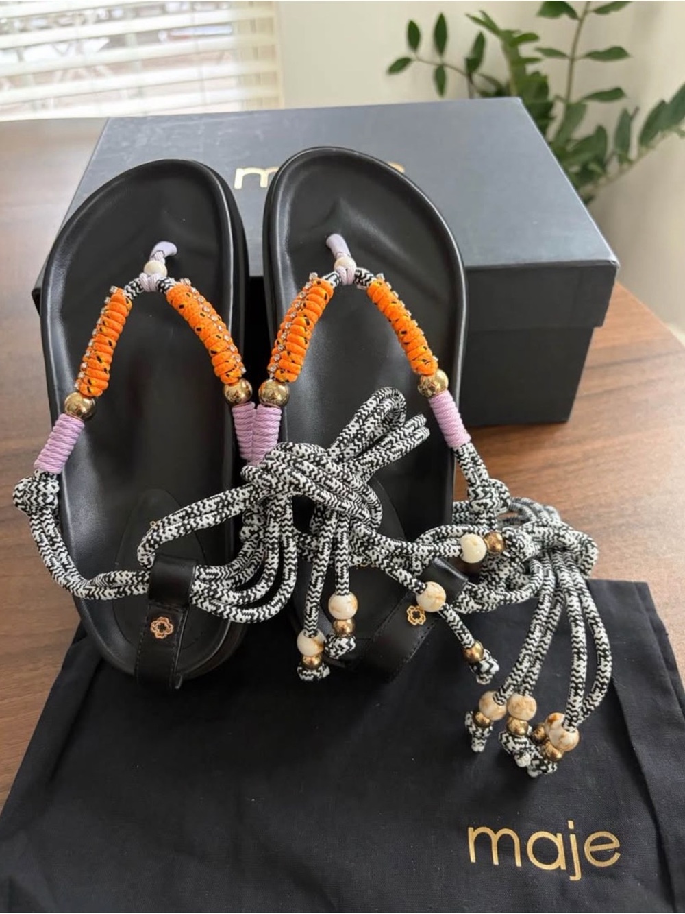 Maje Black Sandals with Orange and Lilac Rope Accents